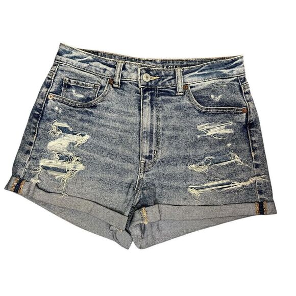 American Eagle Women’s 6 Stretch Mom Jean Shorts Distressed Denim Rolled Hem - Picture 1 of 8